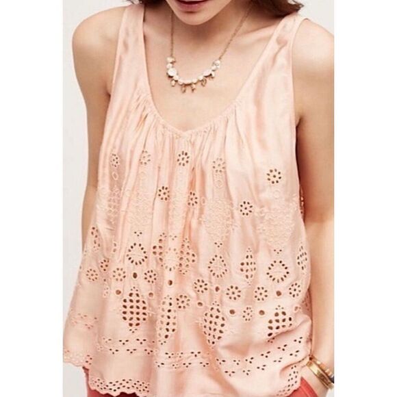 Anthropologie Vanessa Virginia Top Light Pink Sadie Eyelet Lace size 0 Sleeveles - Picture 1 of 9